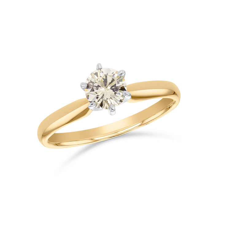0.59 CT Cognac Colored Round Diamond Six-Prong Solitaire 14K Two Tone Gold Ring