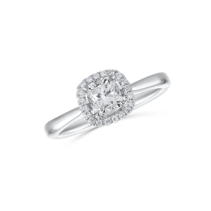 0.58 CT Cushion Cut Diamond and 0.15 Cttw Halo 18K White Gold Engagement Ring