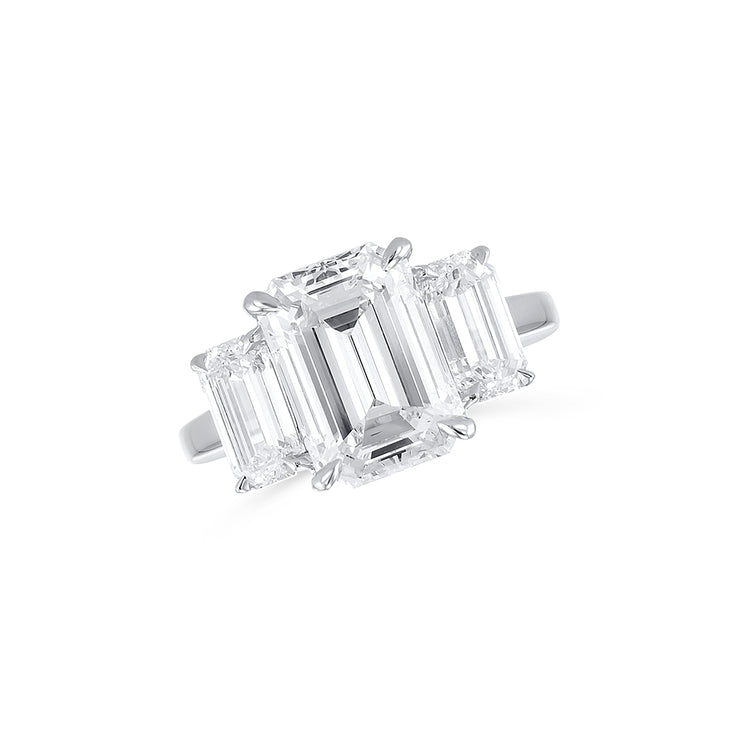 4.14 CT Emerald Cut and 1.77 CT Diamond Three Stone Platinum Engagement Ring