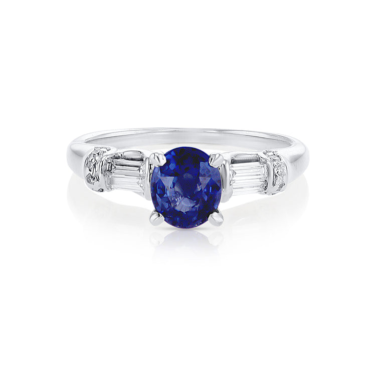 1.07 CT Oval Sapphire with 0.25 Cttw Baguette Diamond Three Stone 14K White Gold Ring
