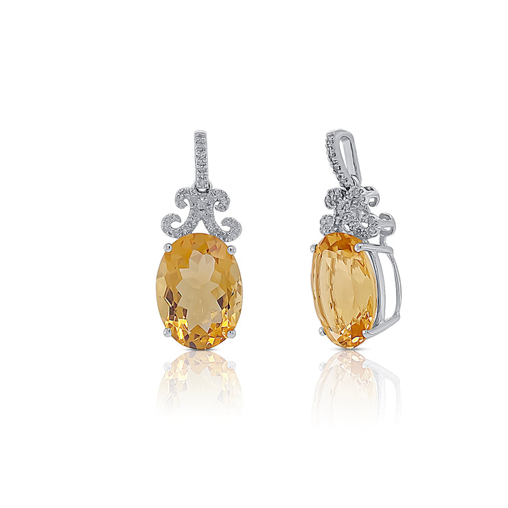 10.20 Cttw Oval Citrine and 0.30 Cttw Round Diamond 14K White Gold Dangle Estate Earrings