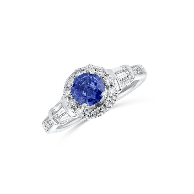 0.53 CT Round Sapphire and 0.40 Cttw Diamond Halo 14K White Gold Ring