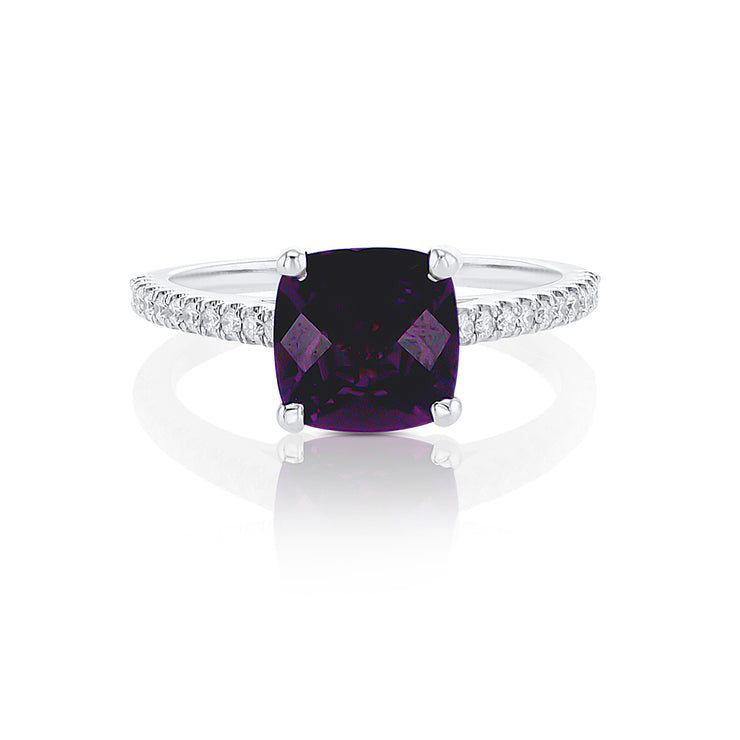 2.45 CT Cushion Rhodolite and 0.18 Cttw Round Diamond Prong Set 14K White Gold Cathedral Ring