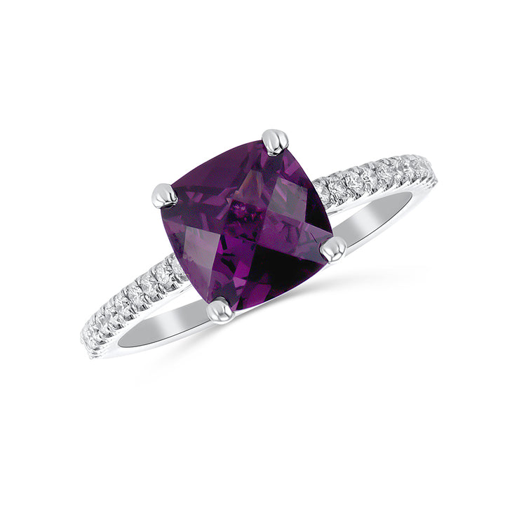 2.45 CT Cushion Rhodolite and 0.18 Cttw Round Diamond Prong Set 14K White Gold Cathedral Ring
