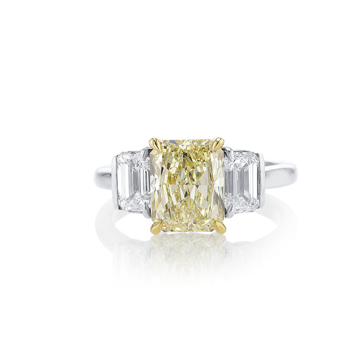 2.45 CT Fancy Yellow Radiant and 1.07 Cttw Emerald Diamond Three Stone 14K Two Tone Gold Engagement Ring