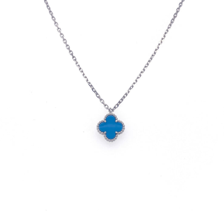 18K White Gold Blue Turquoise Clover Necklace