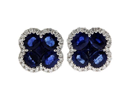 18K White Gold 2.91 CT Blue Sapphire & 0.28 CT Round Diamond Halo Clover Stud Earrings