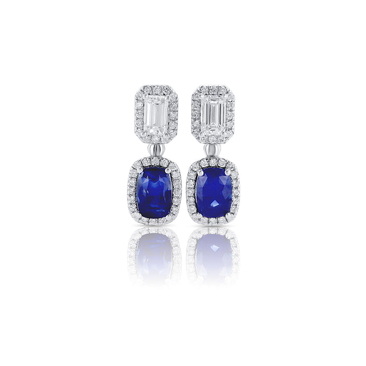 1.82 Cttw Cushion Blue Sapphire and 1.01 Cttw Emerald Cut & Round Diamond Halo 18K White GoldDrop Earrings