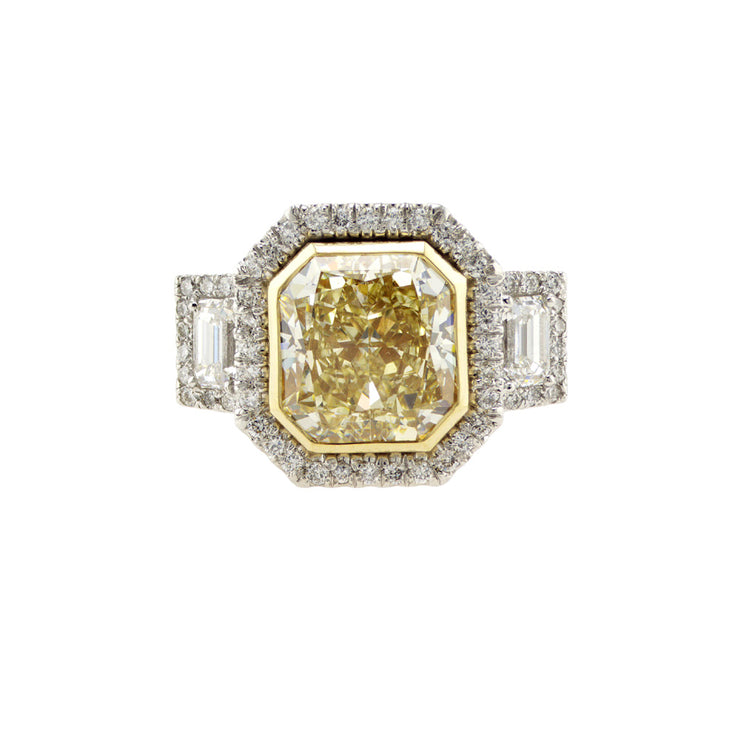 Custom Designed Engagement Ring with Fancy Yellow Radiant Cut Diamond Halo Three Stone in a Two Tone Band