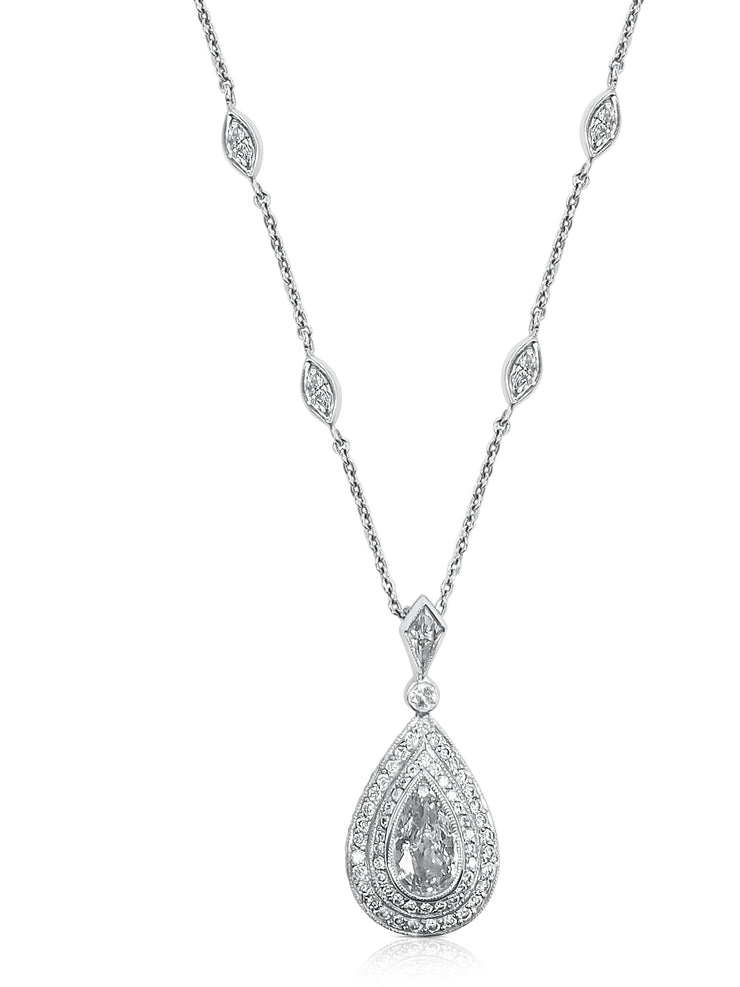 1.36 CT Pear Lab Grown Diamond and 1.57 Cttw Halo Platinum Necklace