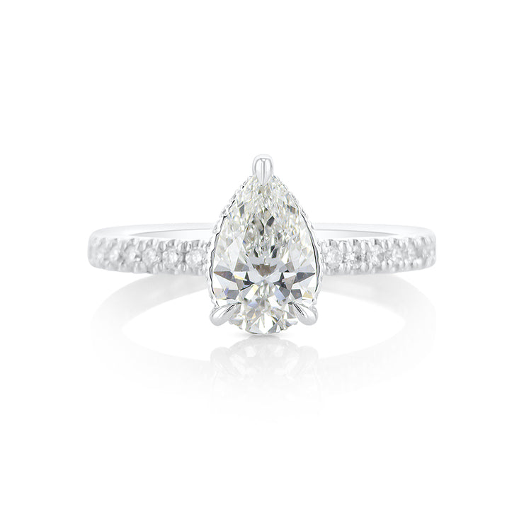 1.13 CT Pear Cut Lab Grown Diamond and 0.33 Cttw Prong Set & Hidden Halo 14K White Gold Engagement Ring