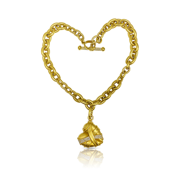 18K Yellow Gold Diamond Heart Necklace, Brouche, and Earrings Estate Set