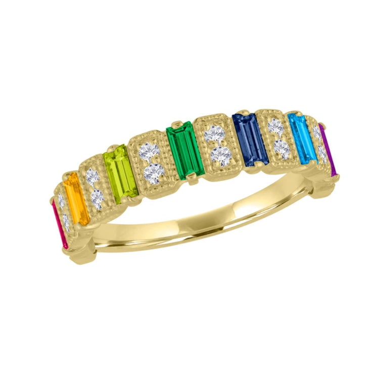 0.86 Cttw Baguette Rainbow Gemstones and 0.27 Cttw Diamond 14K Yellow Gold Band by My Story Jewelry