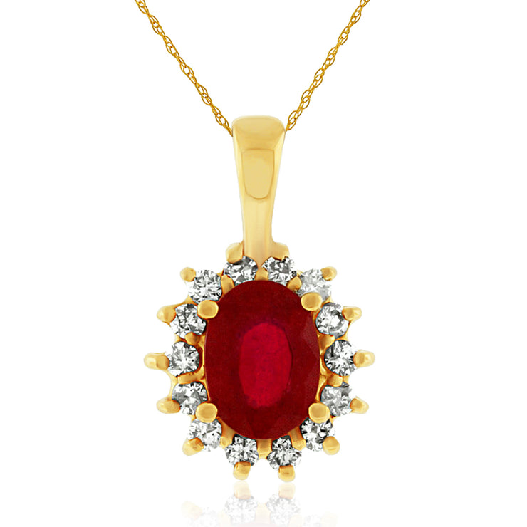 0.85 CT Oval Cut Ruby and 0.30 Cttw Diamond 14K Yellow Gold Pendant