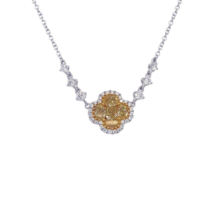 0.94 Cttw Fancy Yellow Diamond and 0.43 Cttw Diamond Halo Clover 18K White Gold Halo Necklace
