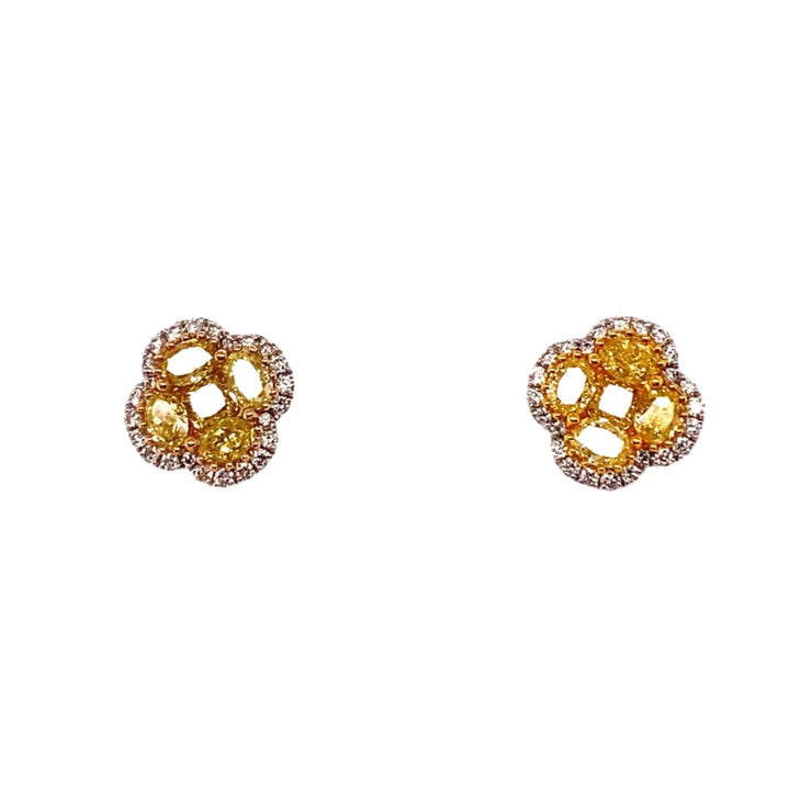 1.79 Cttw Fancy Yellow and 0.30 CT Diamond Halo Clover Halo 18K Two Tone Gold Stud Earrings