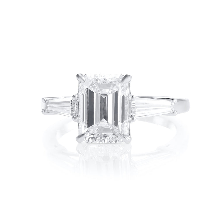2.76 Cttw Emerald Cut Diamond and 0.62 Cttw Baguette Three Stone Platinum Engagement Ring