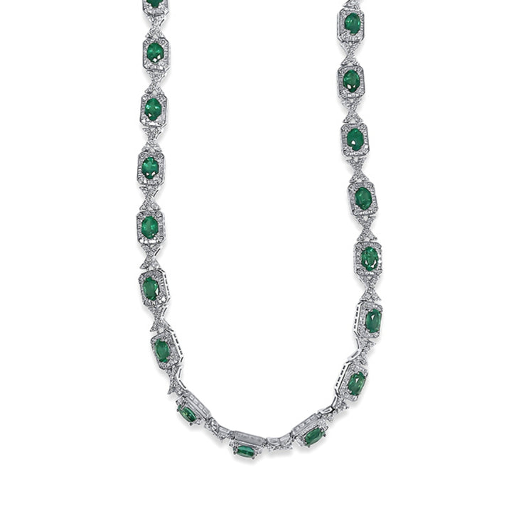 17.37 Cttw Oval Emerald and 8.15 Cttw Diamond 18K Two Tone Gold Necklace