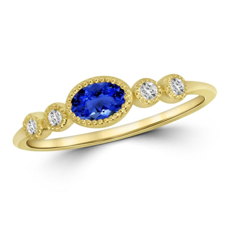 14K White Gold 0.40 CT Blue Sapphire and 0.10 CT Diamond Milgrain Ring