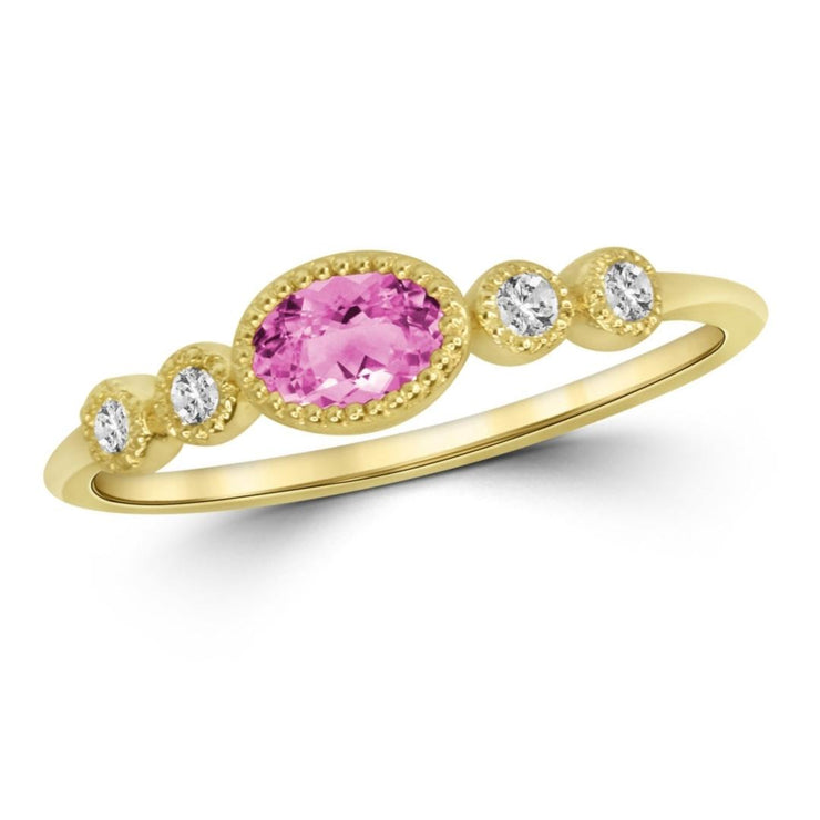14K Yellow Gold 0.40 CT Pink Sapphire and 0.10 CT Diamond Milgrain Ring