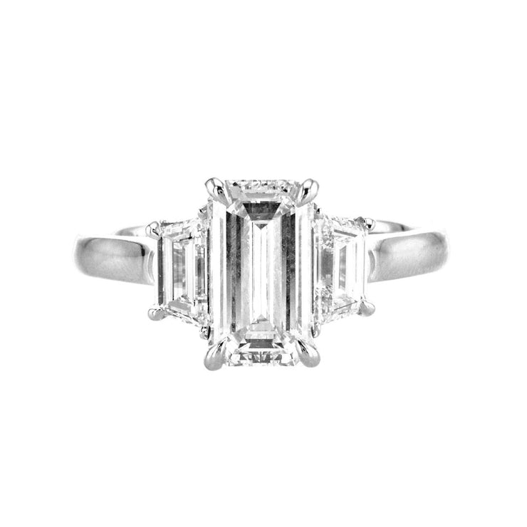 1.80 CT Emerald Cut and 0.82 CT Baguette Diamond Three Stone Platinum Engagement Ring