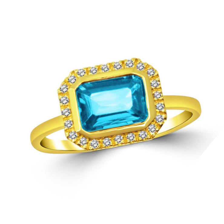 14K Yellow Gold 1.35 CT Blue Topaz and 0.12 CT Diamond Halo Ring