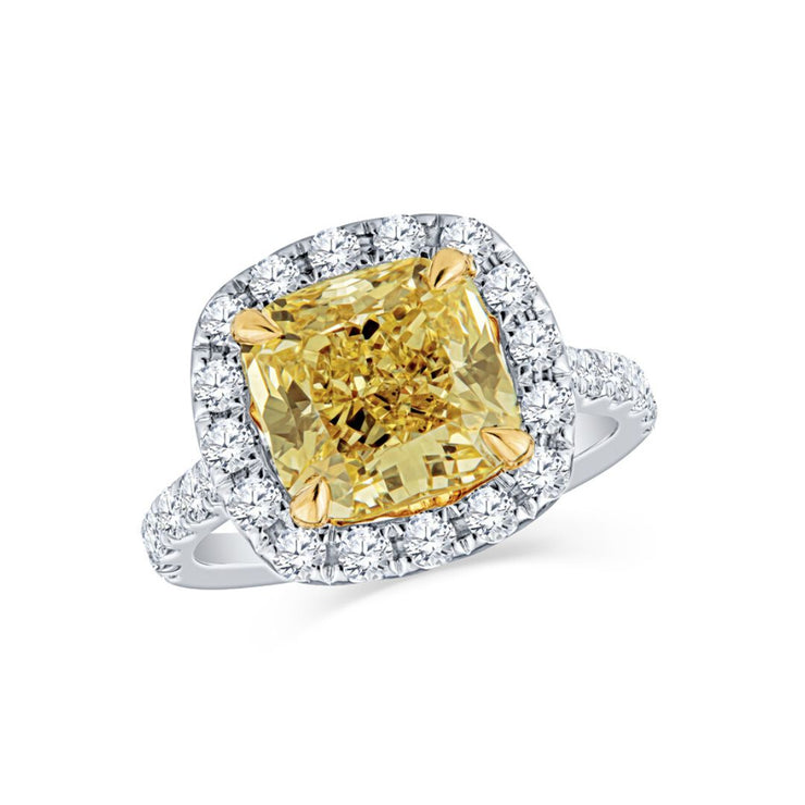 14K Two Tone Gold 3.95 CT Fancy Yellow Cushion Diamond Halo Engagement Ring
