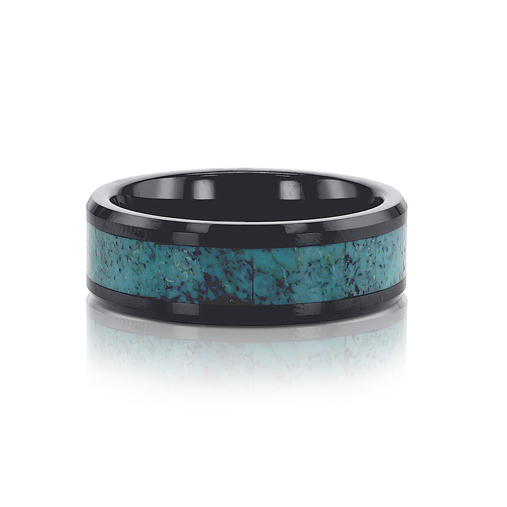 Men's 8MM Turquoise Stone Inlay and Polished Beveled Edges Tungsten Band