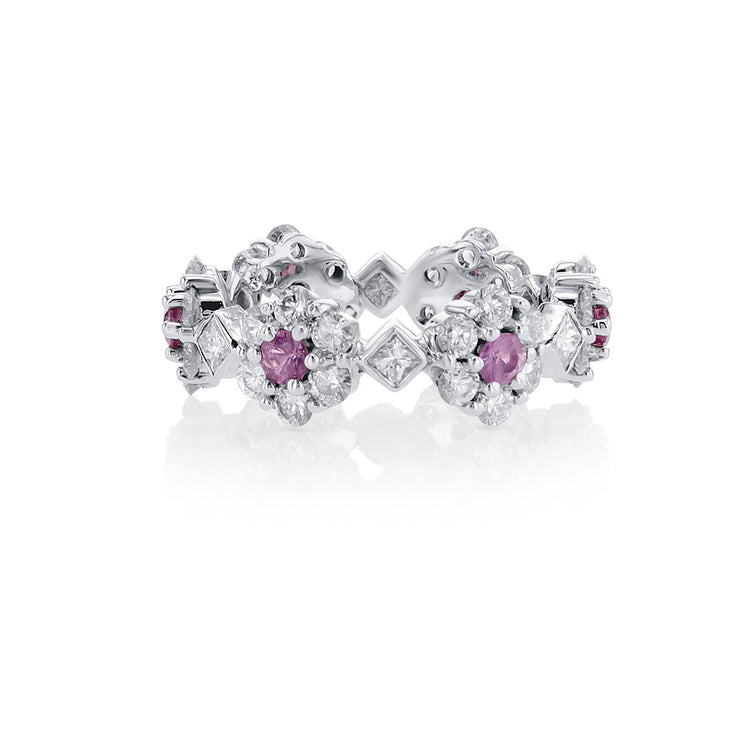 1.50 Cttw Mixed Diamond and 0.50 Cttw Pink Sapphire Flower 18K White Gold Eternity Band