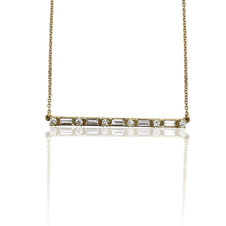 14K Yellow Gold Round And Baguette Diamond Bar Pendant