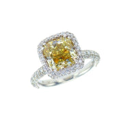 3.06 CT Fancy Yellow Cushion Diamond and 1.00 CT Pavé Halo Platinum Estate Engagement Ring