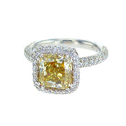 3.06 CT Fancy Yellow Cushion Diamond and 1.00 CT Pavé Halo Platinum Estate Engagement Ring