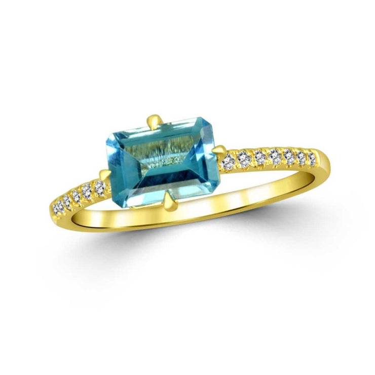 14K Yellow Gold 1.10 CT Blue Topaz and 0.12 CT Diamond East-West Ring