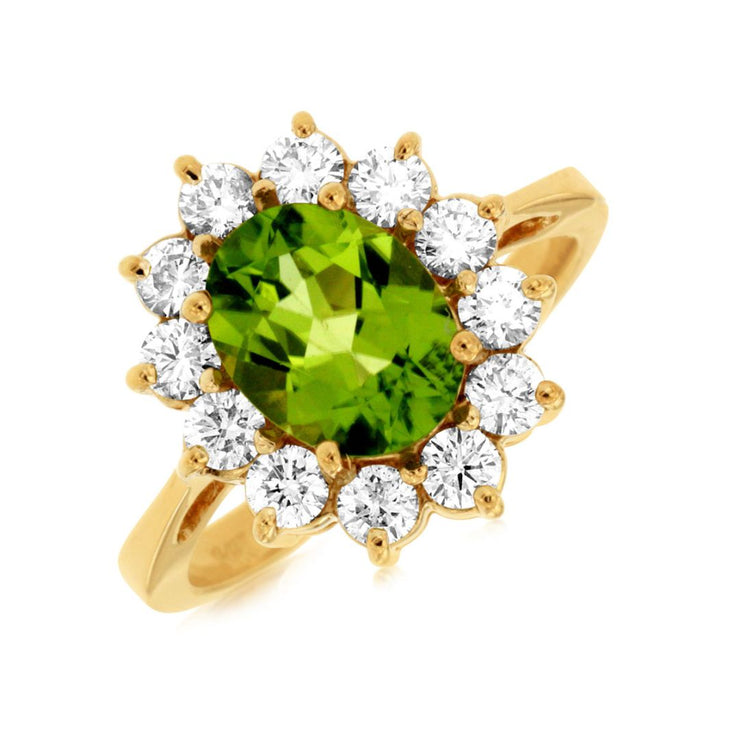 1.85 CT Oval Peridot and 1.00 Cttw Diamond Halo 14K Yellow Gold Ring