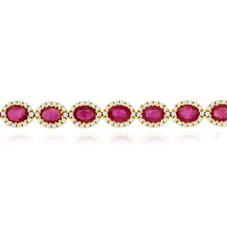 1.20 Cttw Round Diamond Halo and 6.45 Cttw Ruby 14K Yellow Gold Bracelet