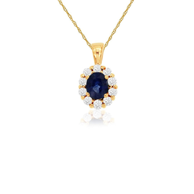 0.44 CT Sapphire and 0.20 Cttw Diamond Halo 14K Yellow Gold Pendant with Chain