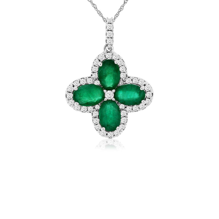 1.80 Cttw Oval Emeralds and 0.40 Cttw Diamond Halo 14K White Gold Floral Pendant