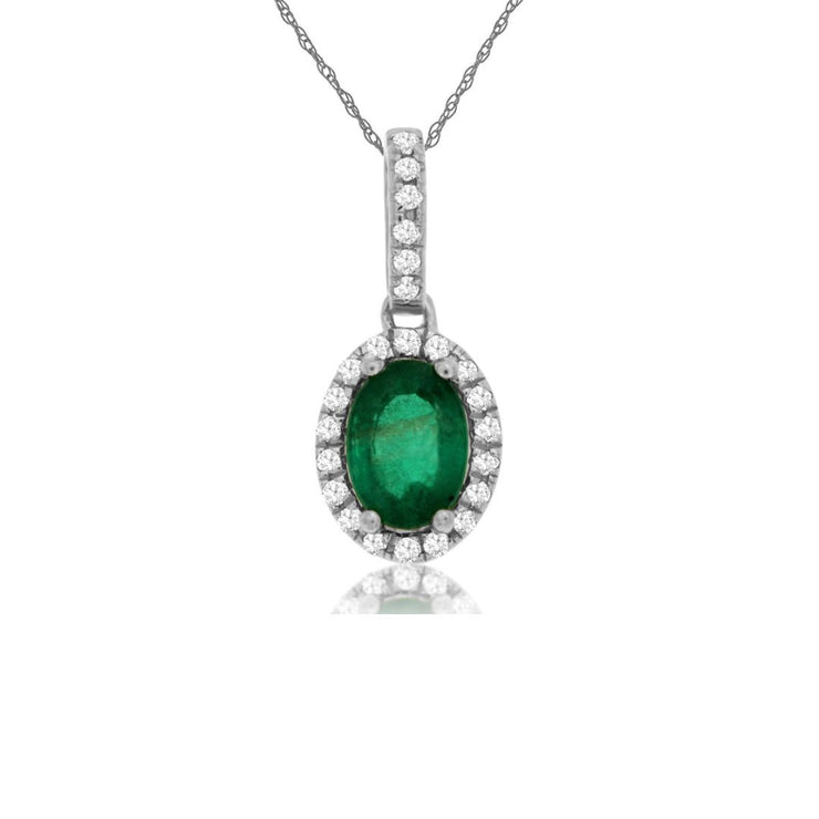 0.70 CT Oval Emerald and 0.12 Cttw Diamond Halo 14K White Gold Pendant