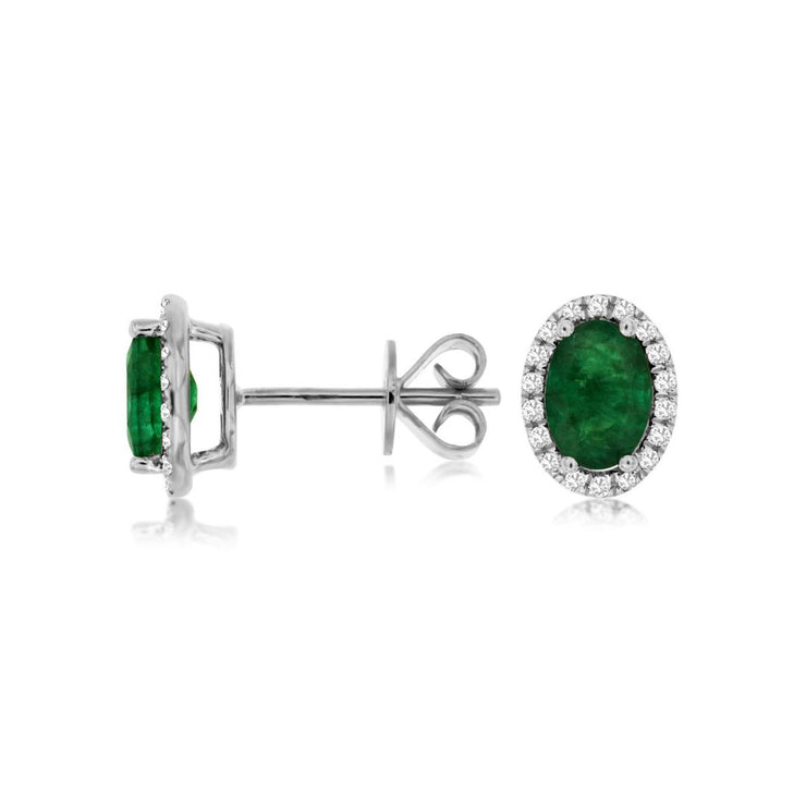 1.40 Cttw Oval Emerald and 0.19 Cttw Diamond Halo 14K White Gold Stud Earrings