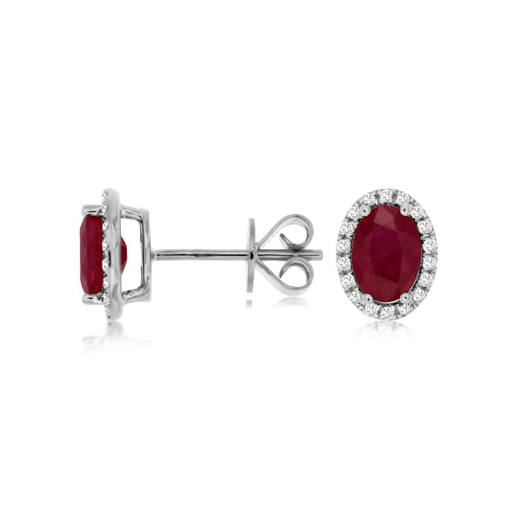 1.80 Cttw Oval Ruby and 0.19 Cttw Diamond Halo 14K White Gold Stud Earrings