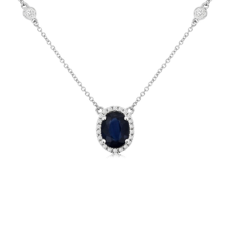 1.47 CT Sapphire and 0.27 Cttw Diamond Halo 14K White Gold Necklace