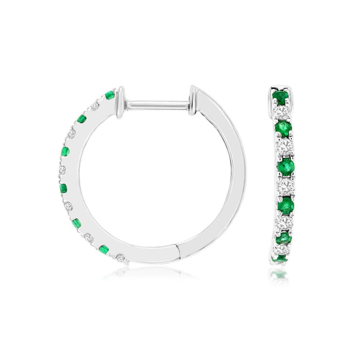 0.15 Cttw Round Emerald and 0.12 Cttw Diamond 14K White Gold Hoop Earrings