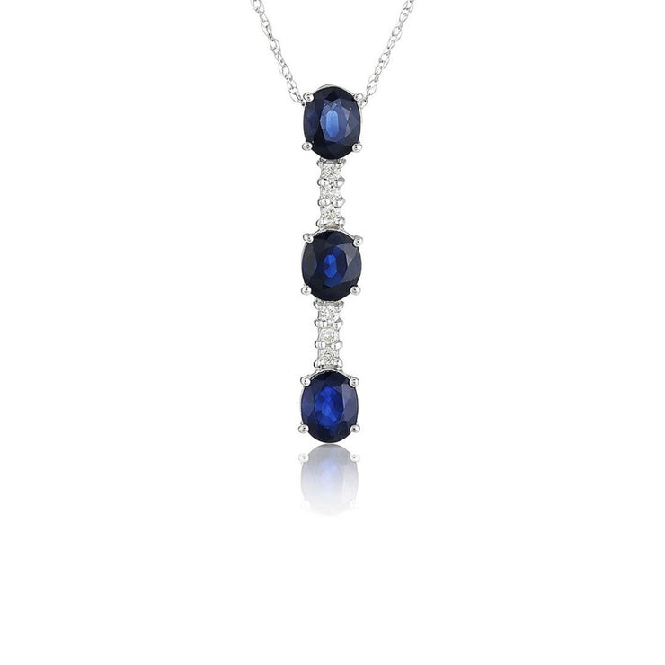 1.40 Cttw Oval Cut Blue Sapphires and Diamond 14K White Gold Pendant with Chain