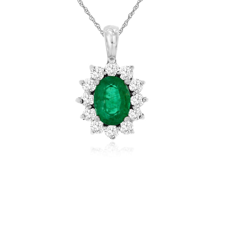 1.20 CT Oval Cut Emerald and 0.63 Cttw Diamond Halo 14K White Gold Pendant with Chain