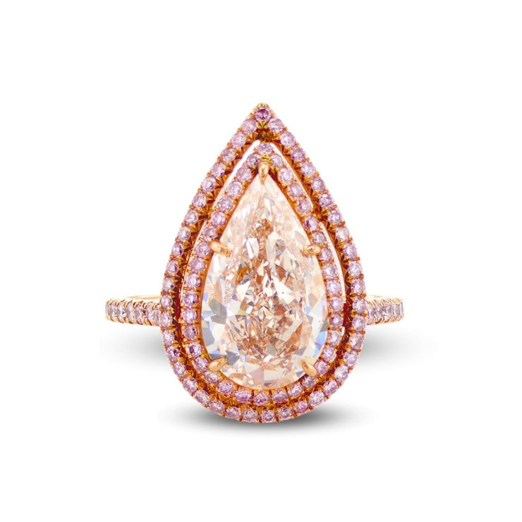 3.01 CT Fancy Light Brownish Pink Pear Diamond and 0.54 Cttw Double Halo 18K Rose Gold Ring