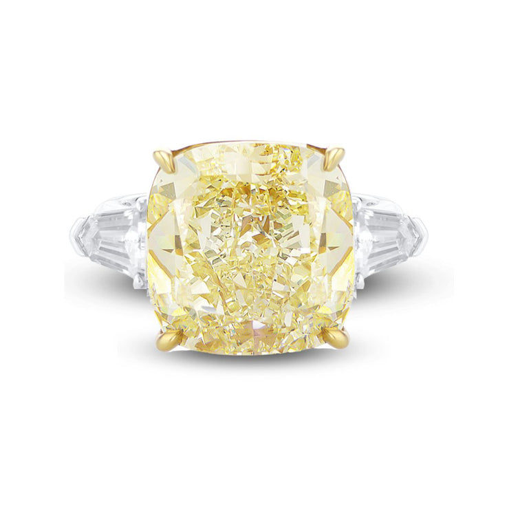 12.04 CT Cushion Cut Fancy Yellow Diamond and 0.88 Cttw Tapered Baguette Three Stone Platinum and 18K Yellow Gold Engagement Ring