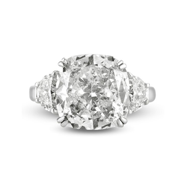 7.02 CT Cushion Diamond with 1.00 Cttw Half Moon Three Stone Platinum Engagement Ring