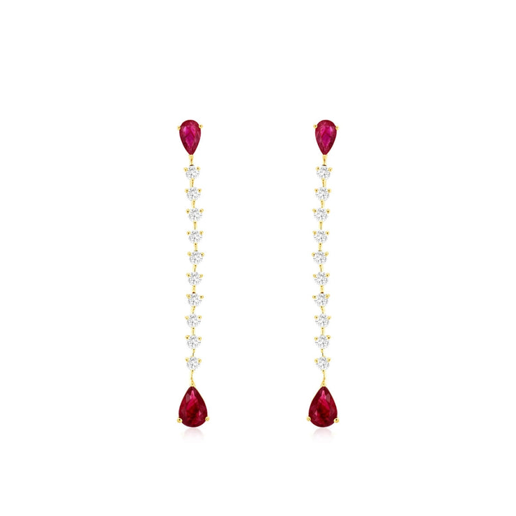 1.18 Cttw Pear Cut Ruby and 0.60 Cttw Diamond 14K Yellow Gold Dangle Earrings