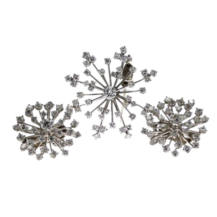 Platinum 7.50 CT Round Diamond Vintage 3-Star Earrings and Brooch Set
