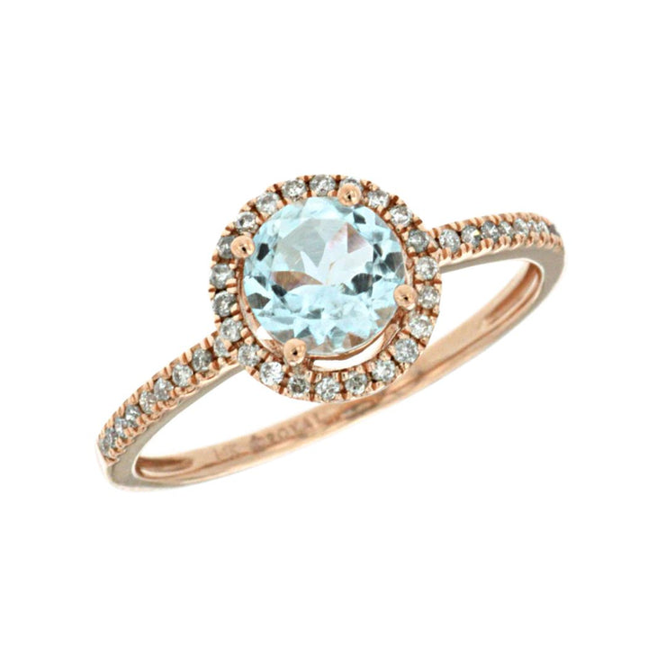 14K Rose Gold 0.75 CT Aquamarine Gemstone & Diamond Halo Ring